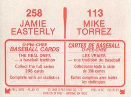 1984 O-Pee-Chee Stickers #113 / 258 Mike Torrez / Jamie Easterly Back