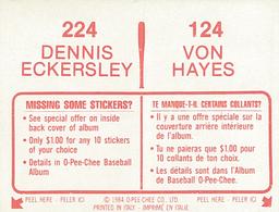 1984 O-Pee-Chee Stickers #124 / 224 Von Hayes / Dennis Eckersley Back