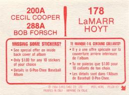 1984 O-Pee-Chee Stickers #178/200A/288A LaMarr Hoyt / Cecil Cooper / Bob Forsch Back