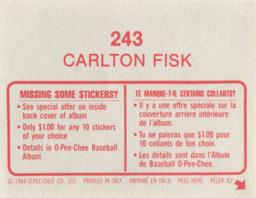 1984 O-Pee-Chee Stickers #243 Carlton Fisk Back