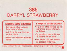 1984 O-Pee-Chee Stickers #385 Darryl Strawberry Back