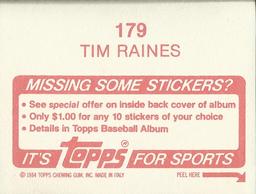 1984 Topps Stickers #179 Tim Raines Back