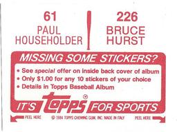 1984 Topps Stickers #61 / 226 Paul Householder / Bruce Hurst Back