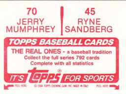 1984 Topps Stickers #45 / 70 Ryne Sandberg / Jerry Mumphrey Back