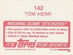 1984 Topps Stickers #142 Tom Herr Back