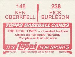 1984 Topps Stickers #148 / 238 Ken Oberkfell / Rick Burleson Back