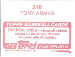 1984 Topps Stickers #218 Tony Armas Back