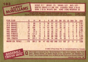 1985 O-Pee-Chee #183 Larry McWilliams Back