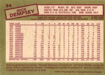 1985 O-Pee-Chee #94 Rick Dempsey Back