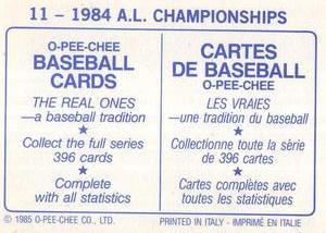 1985 O-Pee-Chee Stickers #11 1984 A.L. Championships Back