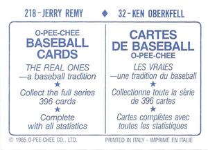 1985 O-Pee-Chee Stickers #32 / 218 Ken Oberkfell / Jerry Remy Back