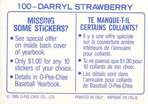 1985 O-Pee-Chee Stickers #100 Darryl Strawberry Back