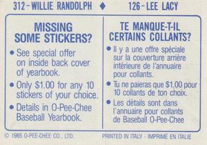 1985 O-Pee-Chee Stickers #126 / 312 Lee Lacy / Willie Randolph Back