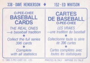 1985 O-Pee-Chee Stickers #152 / 338 Ed Whitson / Dave Henderson Back
