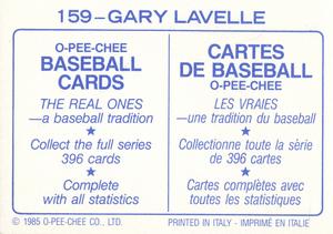 1985 O-Pee-Chee Stickers #159 Gary Lavelle Back