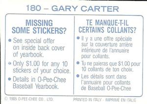 1985 O-Pee-Chee Stickers #180 Gary Carter Back