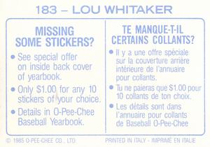 1985 O-Pee-Chee Stickers #183 Lou Whitaker Back