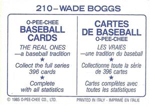 1985 O-Pee-Chee Stickers #210 Wade Boggs Back
