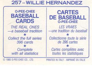 1985 O-Pee-Chee Stickers #257 Willie Hernandez Back
