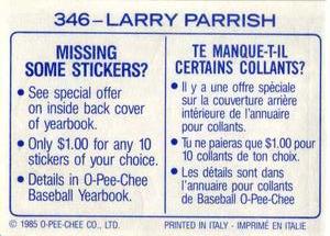 1985 O-Pee-Chee Stickers #346 Larry Parrish Back