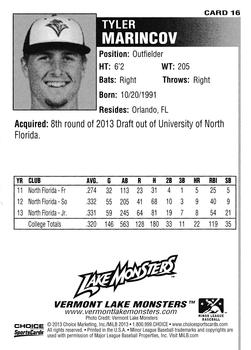 2013 Choice Vermont Lake Monsters #16 Tyler Marincov Back