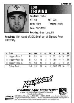 2013 Choice Vermont Lake Monsters #29 Lou Trivino Back