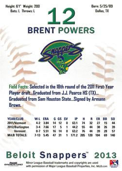 2013 Grandstand Beloit Snappers #NNO Brent Powers Back