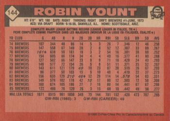 1986 O-Pee-Chee #144 Robin Yount Back