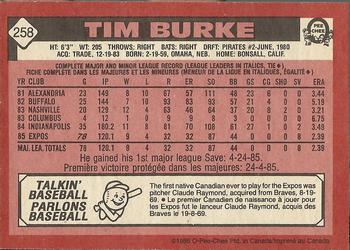1986 O-Pee-Chee #258 Tim Burke Back