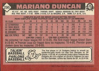 1986 O-Pee-Chee #296 Mariano Duncan Back