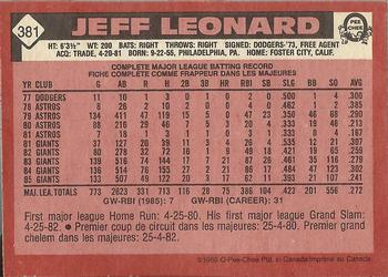 1986 O-Pee-Chee #381 Jeff Leonard Back