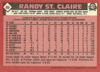 1986 O-Pee-Chee #89 Randy St. Claire Back