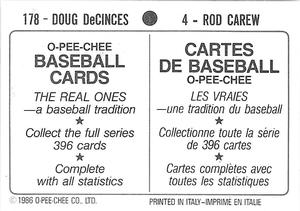 1986 O-Pee-Chee Stickers #4 / 178 Rod Carew / Doug DeCinces Back