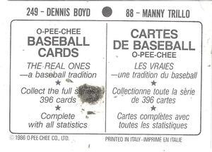 1986 O-Pee-Chee Stickers #88 / 249 Manny Trillo / Dennis Boyd Back