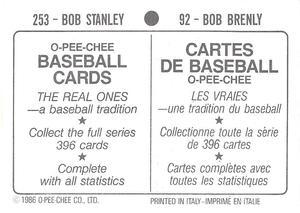 1986 O-Pee-Chee Stickers #92 / 253 Bob Brenly / Bob Stanley Back