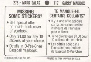 1986 O-Pee-Chee Stickers #117 / 278 Garry Maddox / Mark Salas Back