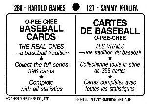 1986 O-Pee-Chee Stickers #127 / 288 Sammy Khalifa / Harold Baines Back