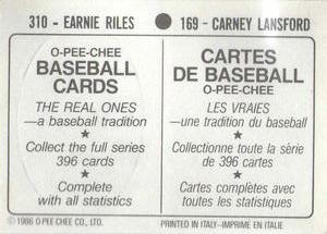 1986 O-Pee-Chee Stickers #169 / 310 Carney Lansford / Earnie Riles Back