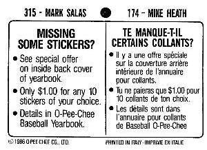 1986 O-Pee-Chee Stickers #174 / 315 Mike Heath / Mark Salas Back
