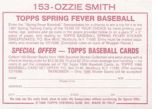 1986 Topps Stickers #153 Ozzie Smith Back