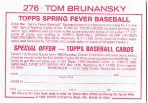 1986 Topps Stickers #276 Tom Brunansky Back