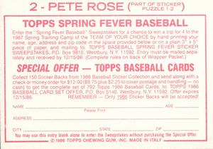 1986 Topps Stickers #2 Pete Rose Back