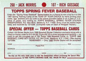1986 Topps Stickers #107 / 268 Rich Gossage / Jack Morris Back