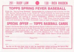 1986 Topps Stickers #130 / 291 Rick Rhoden / Rudy Law Back