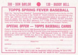 1986 Topps Stickers #139 / 300 Buddy Bell / Don Baylor Back