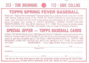 1986 Topps Stickers #172 / 313 Dave Collins / Tom Browning Back