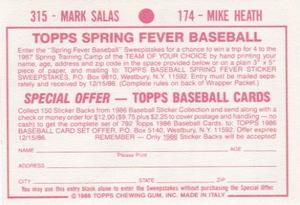 1986 Topps Stickers #174 / 315 Mike Heath / Mark Salas Back