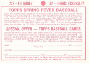 1986 Topps Stickers #62 / 223 Dennis Eckersley / Ed Nunez Back