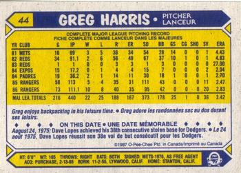 1987 O-Pee-Chee #44 Greg Harris Back