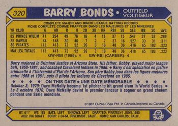 1987 O-Pee-Chee #320 Barry Bonds Back